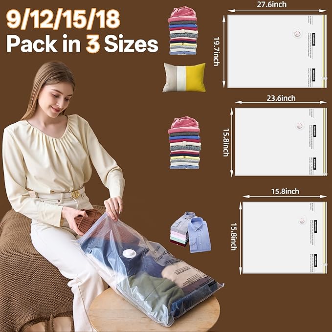 Vacuum Storage Bag with Rechargeable Cordless Pump, 9 Pack Vacuum Seal Space Saver Bags for Clothing Clothes Travel Home