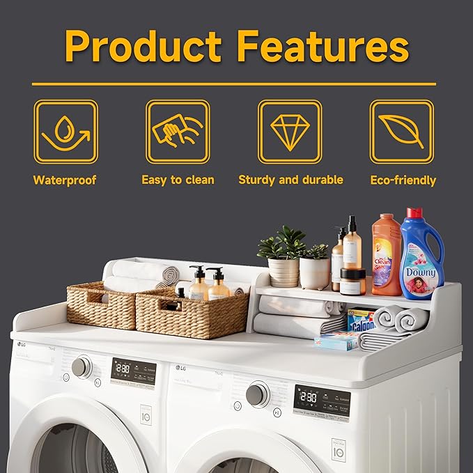 Washer Dryer Countertop Laundry Wood 2 Tier Shelves Topper with Edge, 54" W x 26.7" D Cover Guard Organizer for Washer and Dryer Laundry Hamper Counter Storage Organization White Wood