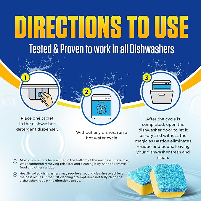 Bastion Dishwasher Cleaner Tablets, Lemon Scent, 3-Month Supply (6 Pods), Powerful Cleaning & Odor Removal, Descaling Tablets