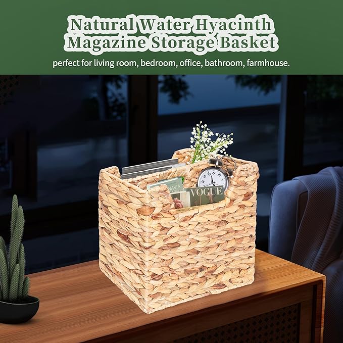 Magazines Holder - Wicker Magazine Rack, Handwoven Magazine Holders for Bathroom, Magazine Organizer for Books, Newspaper, Water Hyacinth Magazine Basket, 14.2 x 11.4 x 6.7 inch