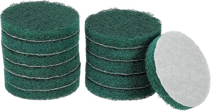 HARFINGTON 12pcs Scrubber Scouring Pads 180 Grits 4 Inch Drill Power Brush Hoop and Loop Surface Conditioning Disc Drill Scuffing Disc Scrub Pads for Home Kitchen Cleaning, Green