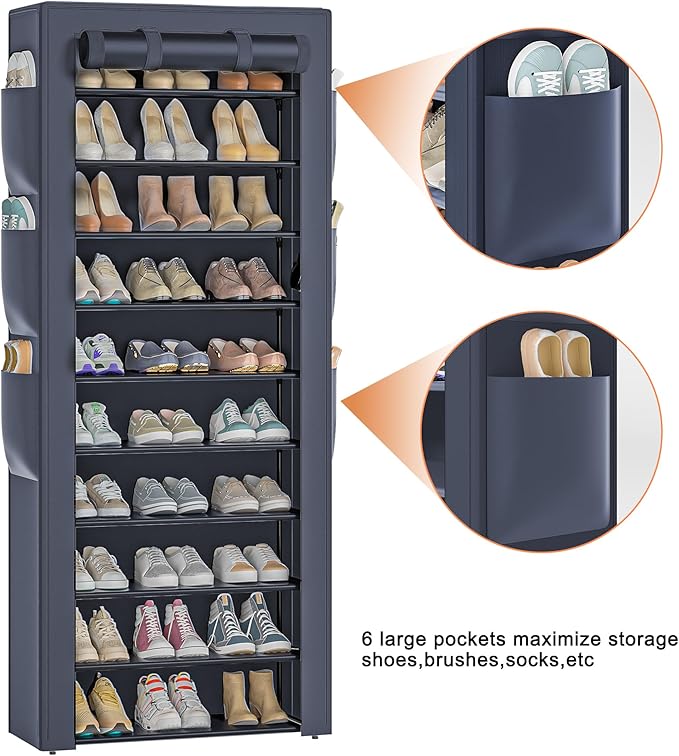 OYREL Shoes Rack 10 Tier Tall Shoe Rack with Storage Pockets, Fabric Covered Shoe Racks,Metal Shoes Rack Organizer for Closets,Bedroom, Garage