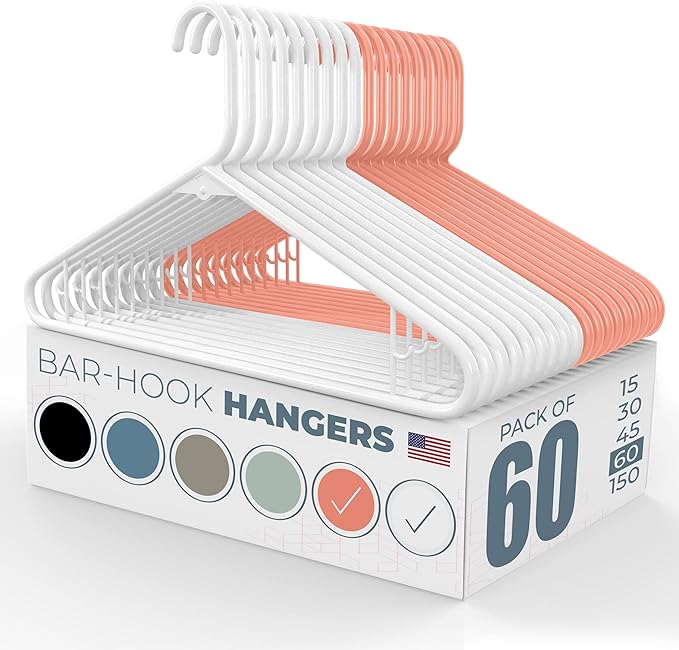 Neaties Plastic Hangers 50 Pack (60 Count) – Made in The USA – 6lb Capacity Standard Clothes Hangers with Strap Hooks for Dresses, Lingerie, Shirts, Pants, and Jackets – White & Peach