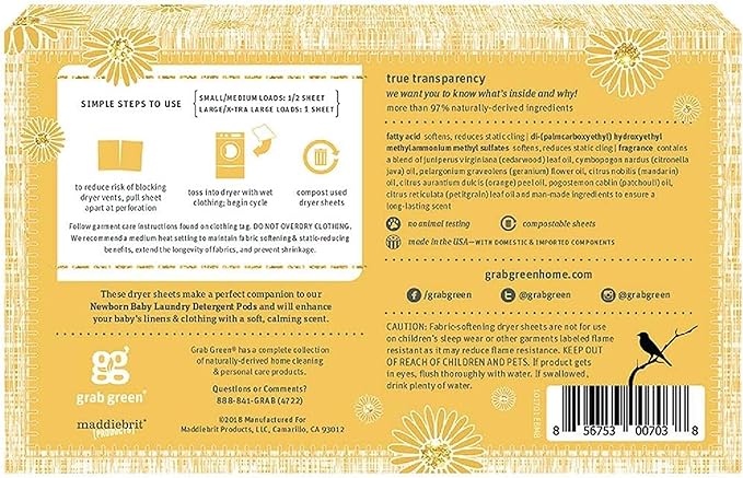 Grab Green Newborn Baby Dryer Sheets - Natural Scent Booster and Fabric Softener to Reduce Wrinkles and Static (Calming Chamomile Scent, 120 Sheets Total)