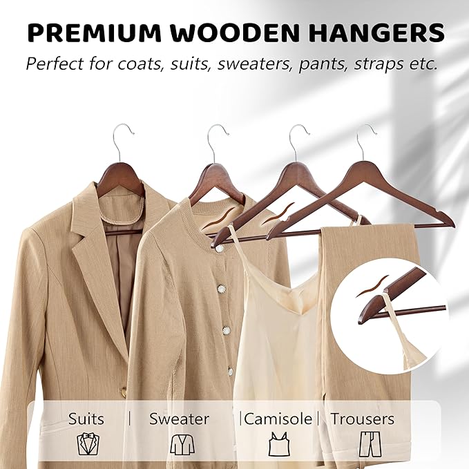 Edergoo Wooden Hangers, 30 Pack Wood Hangers with 360-Degree Rotatable Hook and Pants Bar, Smooth Finish Coat Hanger Wooden for Closet, Walnut