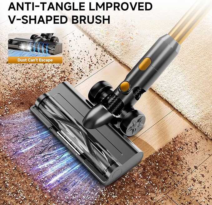 Cordless Vacuum Cleaner, 38Kpa Vacuum Cleaners for Home, 60Mins Lightweight Stick Vacuum with LED Display, Anti-Tangle & Wall Mount , 8 in 1 Lightweight Vacuum for Hard Floors Carpet Pet Hair, Gold