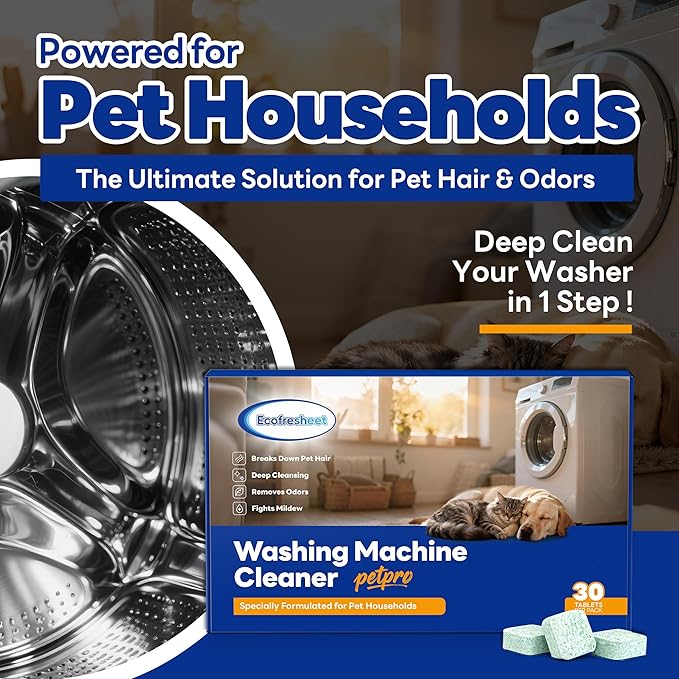 Washing Machine Cleaner Tablets for Pet Owners – Pro 30 Tablets | Deep Clean Formula to Remove Pet Hair & Odor| Septic Safe, Compatible with HE, Top & Front Load Washers