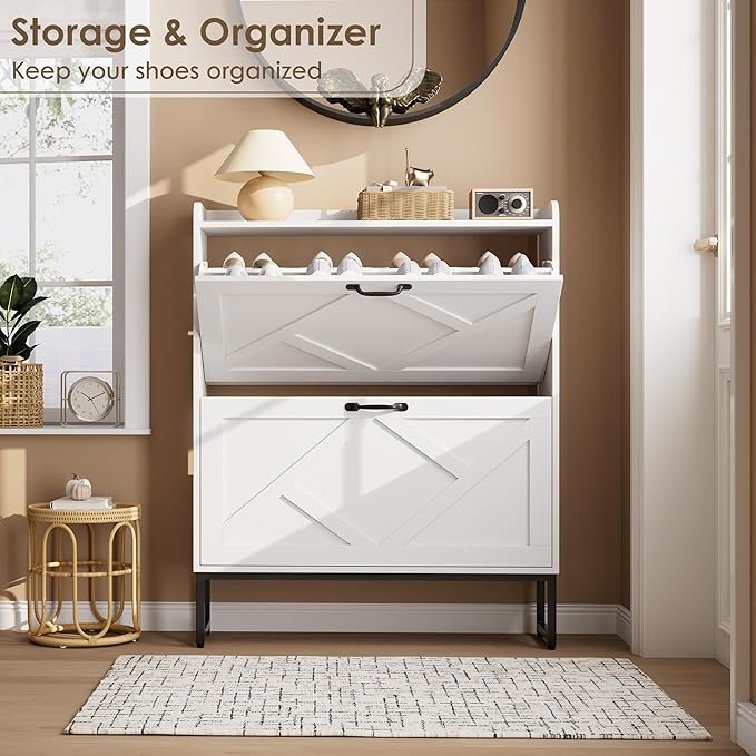 Nicetree Shoe Cabinet with 2 Flip Drawers, Freestanding Shoe Organizer, Shoe Cabinet with Metal Legs, Narrow Shoe Rack Cabinet for Entryway, Foyer, Hallway, White