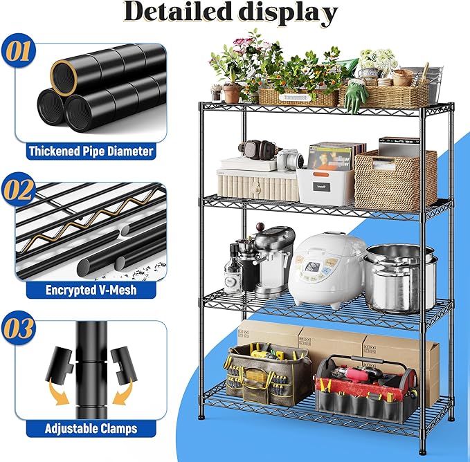 DurayLoly 4- Shelf Metal Shelving Unit Adjustable Storage Shelves Heavy Duty Garage Shelving Steel Wire Shelving for Laundry Bathroom Kitchen Pantry Closet Garage Black, 35.6Wx16Dx54H,2pc