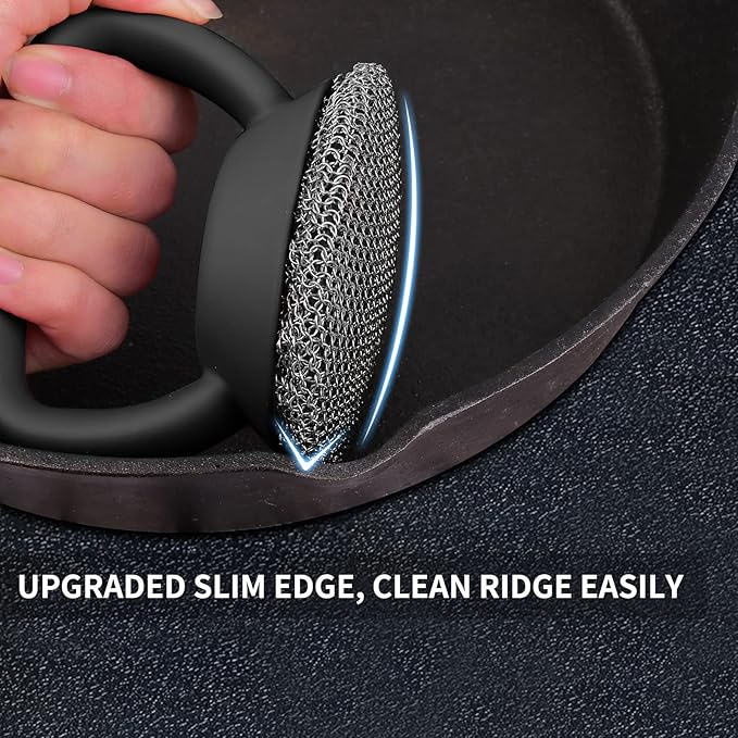 Cast Iron Cleaner Scrubber with Heavy Duty Handle, 3mm Welded Chain Mail Scrubber for Pan Pot Grill Cleaning - Small Ring Chainmail Scrubber Metal Scrub Sponge Skillet, Oven, Griddle, Wok Brush