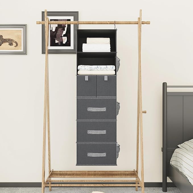 6-Shelves Hanging Closet Organizer with 5 Different Drawers, Foldable Organizers and Storage for Wardrobe, Closet& RV, Clothes and Accessories Storage, Non-Woven Fabric, Dark Gray