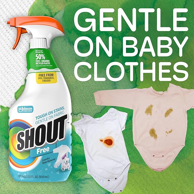 Shout Free Laundry Stain Remover Spray, Active Enzyme Formula is Fragrance, Bleach, and Dye Free, Removes Everyday Stains including Baby Stains - 22oz Spray