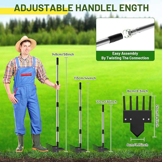 2-in-1 Heavy-Duty Weed Puller Tool with 5-Tine Rake – 30" to 60" Adjustable Handle, Hoes for Gardening, Hoe Garden Tools for Loosening Soil, Planting, Weeding