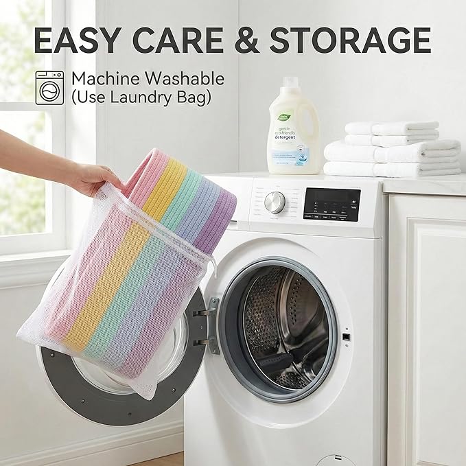 JMvicyroam 65L Extra Large Blanket Basket for Living Room - Woven Cotton Rope Laundry Hamper with Reinforced Handles - Storage Bin for Pillows, Comforters & Toys - Machine Washable,Rainbow