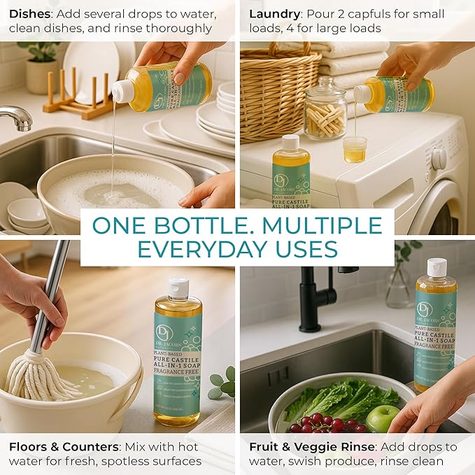 Dr. Jacobs Naturals Fragrance Free Castile All-in-One Cleaner and Soap - Plant-Based Formula for House Cleaning Floors and Appliances - Gentle on Skin and the Planet - 32 oz, 1 Pack