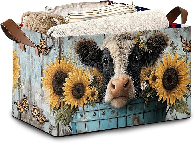 Wooden Highland Cow Storage Baskets,Butterfly Sunflower Foldable Large Capacity Organizer Bins with Waterproof Lining and Leather Handles for Closet,Shelf,Bedroom 17x11.5x10Inch