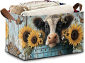Wooden Highland Cow Storage Baskets,Butterfly Sunflower Foldable Large Capacity Organizer Bins with Waterproof Lining and Leather Handles for Closet,Shelf,Bedroom 17x11.5x10Inch