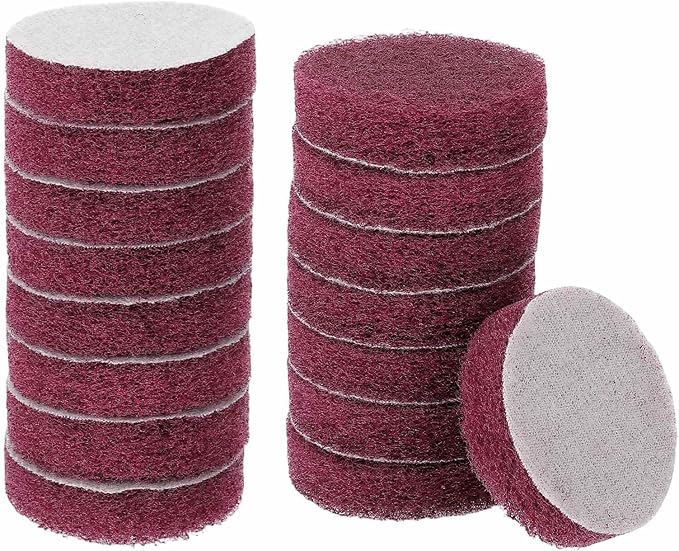 HARFINGTON 16pcs Scrubber Scouring Pads 400 Grits 2 Inch Drill Power Brush Hoop and Loop Surface Conditioning Disc Drill Scuffing Disc Scrub Pads for Home Kitchen Cleaning, Red