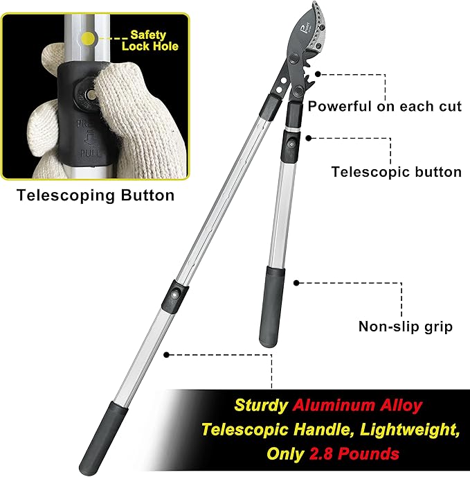 26-41 Inch Extendable Anvil Loppers, Sync Drive Leverage Tree Trimmers, Telescopic Pruners Heavy Duty, 2 Inch Cutting Capacity