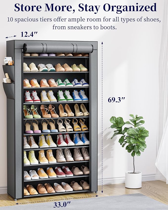 Kitsure Shoe Rack - 10-Tier Shoe Organizer with Zippered Dust Cover & Side Pockets, Easy to Assemble, Space Saving Shoe Rack for Closet, Entryway, Living Room, 33" x 12.4" x 69.3", Grey