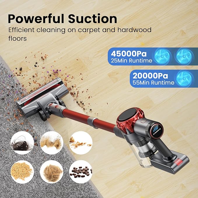 UML0 S3P Cordless Vacuum Cleaner, 45kPa Powerful Suction Vacuum Cleaners for Home, 55-Min Runtime Rechargeable Stick Vacuum, Self-Standing, for Pet Hair Carpet Hard Floor, LED Display