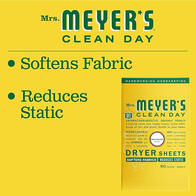 MRS. MEYER'S CLEAN DAY Dryer Sheets,Fabric Softener,Reduces Static,Infused with Essential Oils,Honeysuckle,80 Count (Pack of 12)
