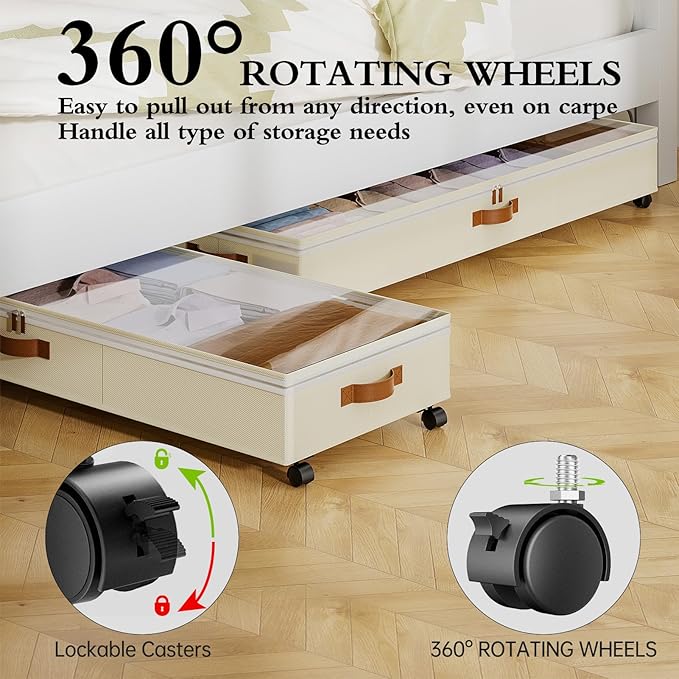 Yecaye Under Bed Storage with Wheels, 2 Pack Under Bed Storage Containers with Adjustable Dividers & Clear Window, 85L Rolling Underbed Organizer Bins Drawers for Clothes, Shoes, Blankets Toys, Beige