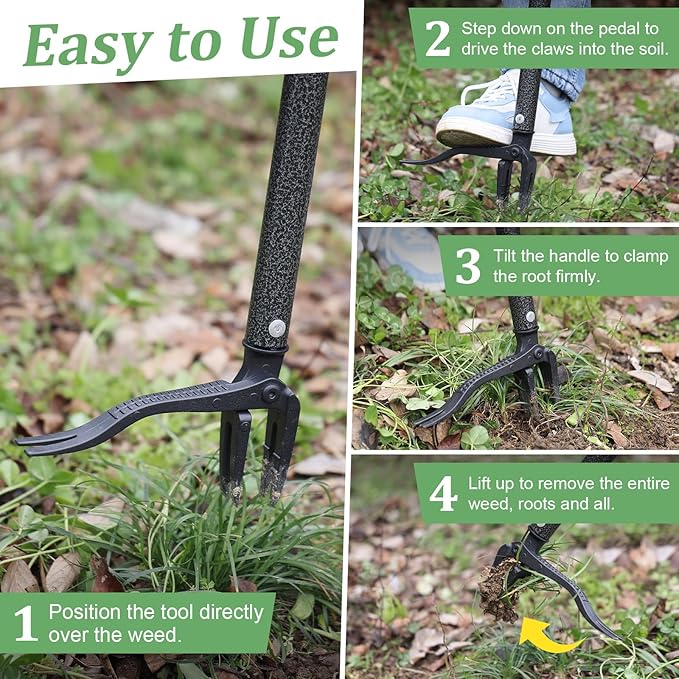 60” Stand Up Weed Puller Tool with Long Handle Reinforced 4-Claw Metal Head Manual Weeders Picker for Removing Dandelion Crabgrass from Garden Yard Lawn Without Bending or Kneeling