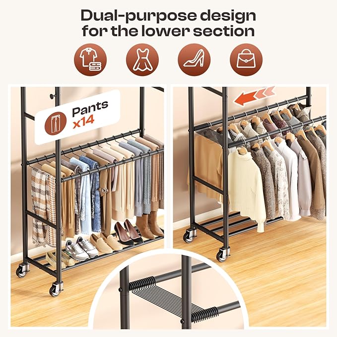 Clothes Racks for Hanging Clothes, Rolling Clothing Rack with Pants Rack, Side Hooks & Shoe Shelf, Portable Garment Rack for Bedroom, Laundry Room, Clothing Store, Closet, Black