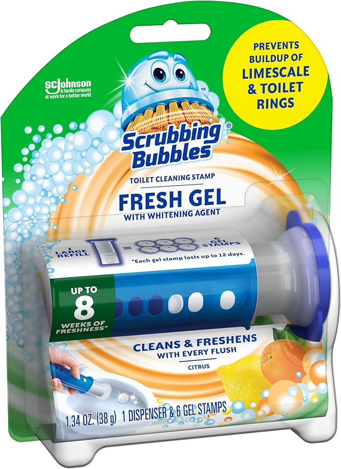 Scrubbing Bubbles Fresh Gel Toilet Bowl Cleaning Stamps, Helps Keep Toilet Clean and Helps Prevent Limescale & Rings, Citrus Scent, 1 Dispenser with 6 Fresh Gel Stamps (Pack of 2)
