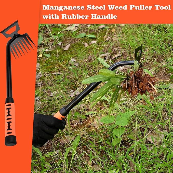 Portable Weed Removal Tool - 8-Prong Manganese Steel with Black Baked Rust-Proof Coating for Garden Lawn Farm, Non-Slip Rubber Handle