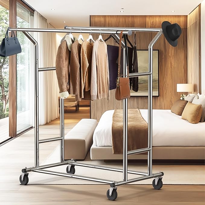 Simple Houseware Heavy Duty Double Rail Clothing Garment Rack, Holds Up to 200 lbs, 43 to 67 Inches Extendable Rod, Chrome