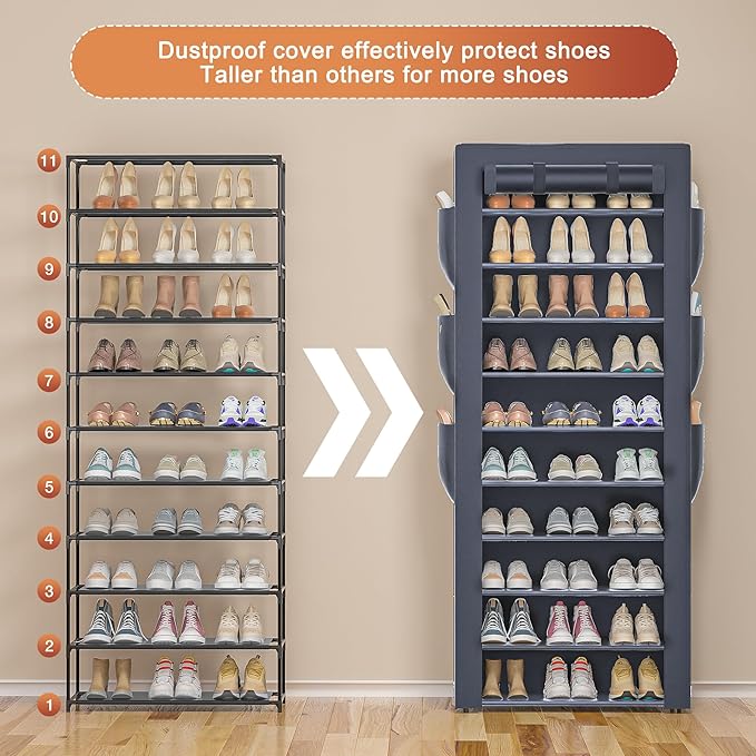 OYREL Shoes Rack 10 Tier Tall Shoe Rack with Storage Pockets, Fabric Covered Shoe Racks,Metal Shoes Rack Organizer for Closets,Bedroom, Garage