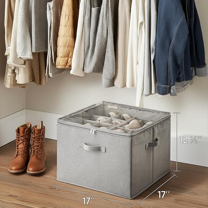 StorageWorks Shoe Organizer for Closet, Fits up to 16 Pairs, Shoe Cubby Storage Containers with Adjustable Dividers and Clear Cover, Grey