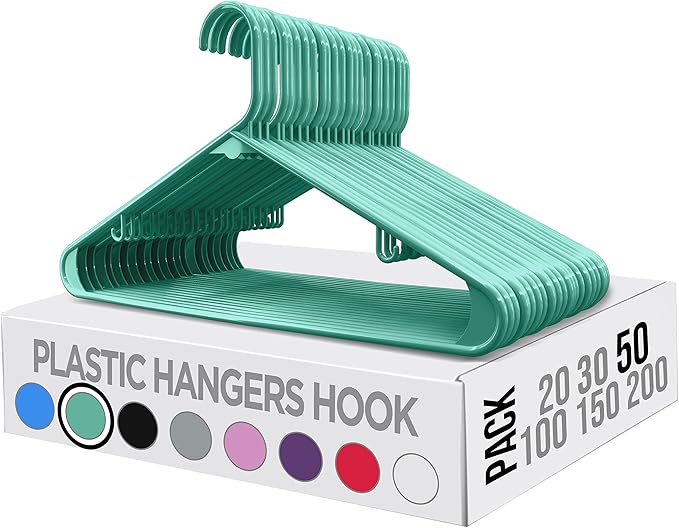 Utopia Home Plastic Hangers 50 Pack - Space Saving Clothes Hanger - Durable & Strong Closet Organizers and Storage with Built-in Strap Hooks - Essential for Shirts, Pants, Skirts & Coats (Aqua)