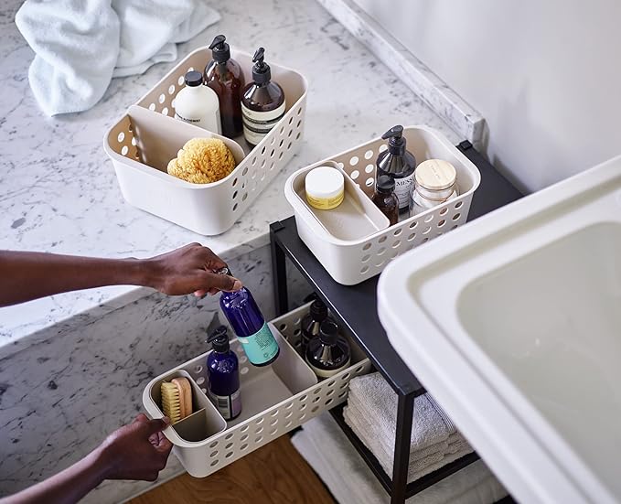 Joseph Joseph EasyStore - Bathroom essentials Storage Basket Organiser with Moveable tray, Ecru, Small (Pack of 2)