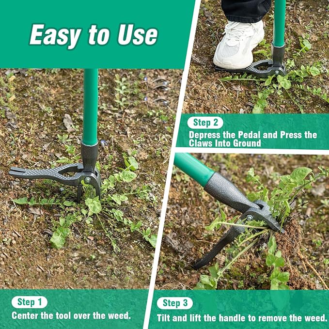 Weed Puller Tool Gardening Hand Weeding Tool with Long Handle 4 Steel Claws and Collapsible Trash Can for Lawn and Garden,Easily Remove Weeds Without Bending, Pulling,or Kneeling