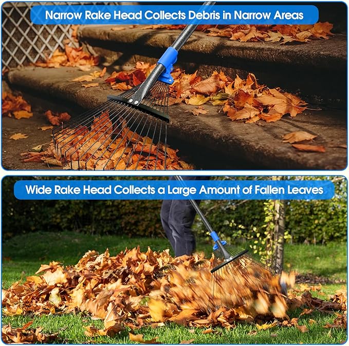 BsBsBest 75" Rake for Leaves with 18 Metal Tines 10-18" Expandable Head Rakes Adjustable Handle for Lawn Leaf Rake Yard Tools for Collecting Leaves, Grass Clippings, Garbage Blue