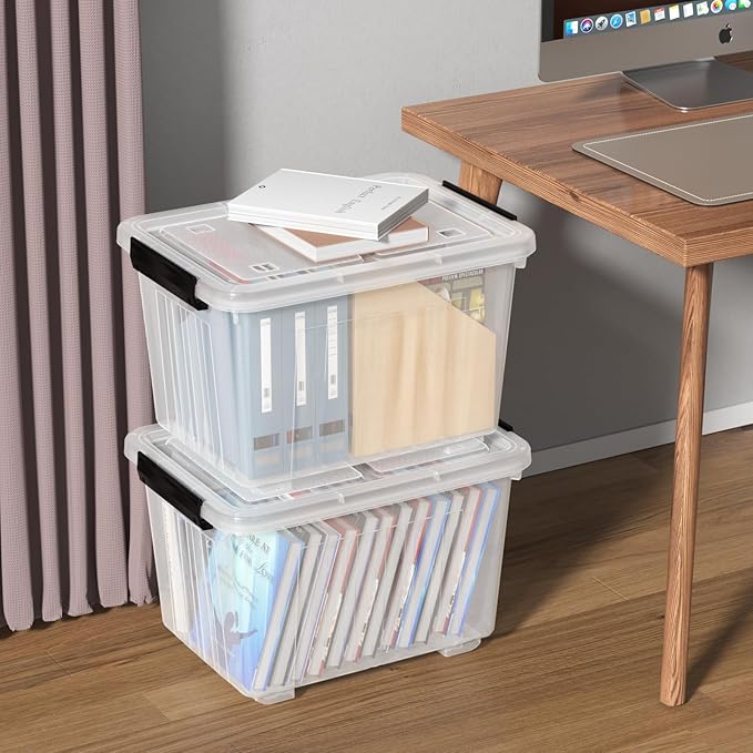 Cand 30 Quart Plastic Storage Boxes with Wheels, 4 Pack Latching Lidded Storage Bins, Clear
