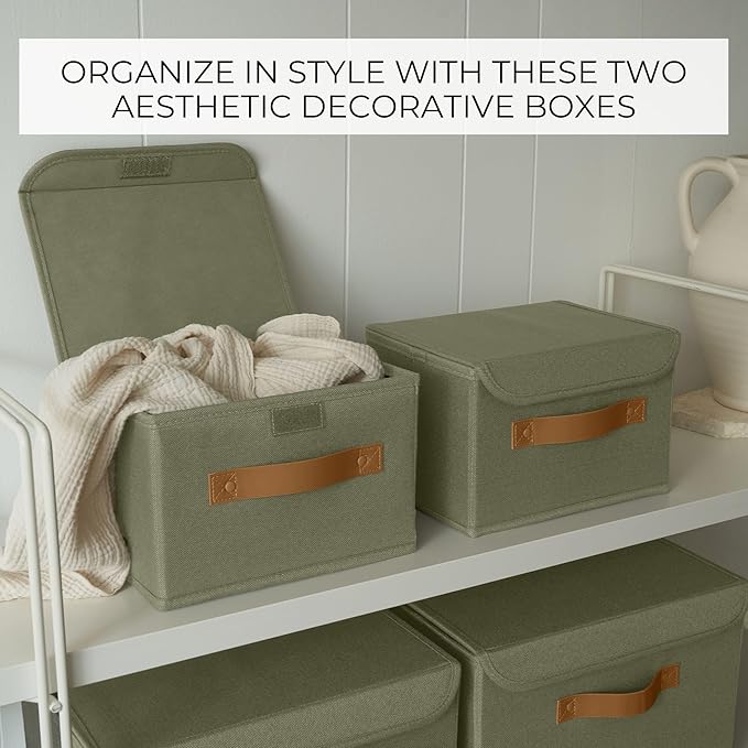 Decorative Linen Storage Boxes with Lids - Spacious Set of 2 Organizer Bins for Your Home Decor - The Perfect Small Container to Safely Store Photos, Documents and Memory Box Keepsakes in Style