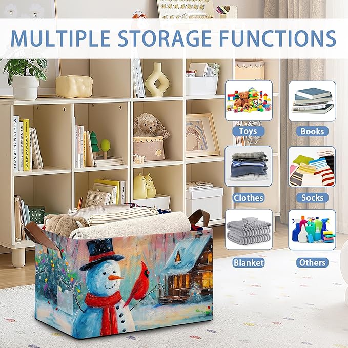 Snowman Christmas Storage Basket with Handles,Red Cardinal Collapsible Rectangle Organizer Bin for Room Decoration Books Box Baskets 17x11.5x10Inch