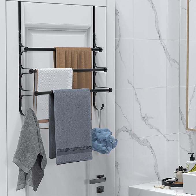 CANYAVE Over The Door Towel Rack, Over Door Towel Rack for Bathroom Door, Triple Towel Storage Holder with Hooks (Matte Black)