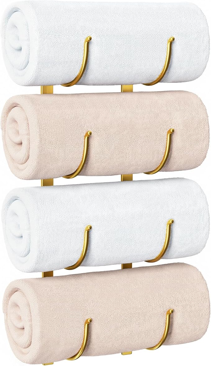 Bathroom Rolled Towel Rack: 4-Tier Wall Mounted Towel Storage Holder, Hanging Organizer for Towels, Blankets, Large Bath Sheets, Space Saving in RV, Closet, Toilet, Cabinet, Gold