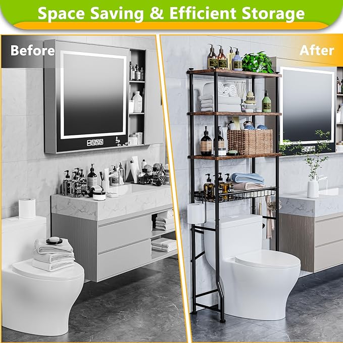 Over-The-Toilet Storage Shelf,4-Tier Bathroom Organizer Cabinet Rack And Storage Over Toilet With Shelf Waterproof Feet Pad And Basket,Multifunctional Space Saver Freestanding Bathroom Shelves（Brown）