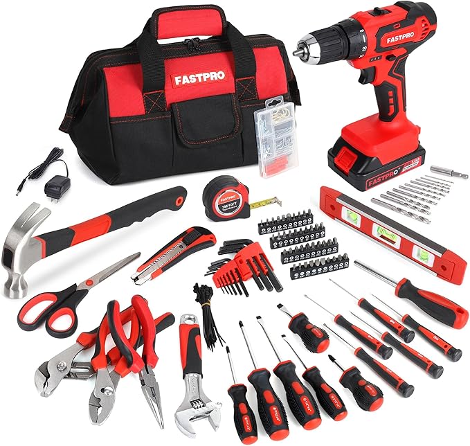 FASTPRO 232-Piece 20V Cordless Lithium-ion Drill Driver & Home Tool Set, Household Repairing Tools Kit with Drill, 12-Inch Wide Mouth Storage Bag, Red