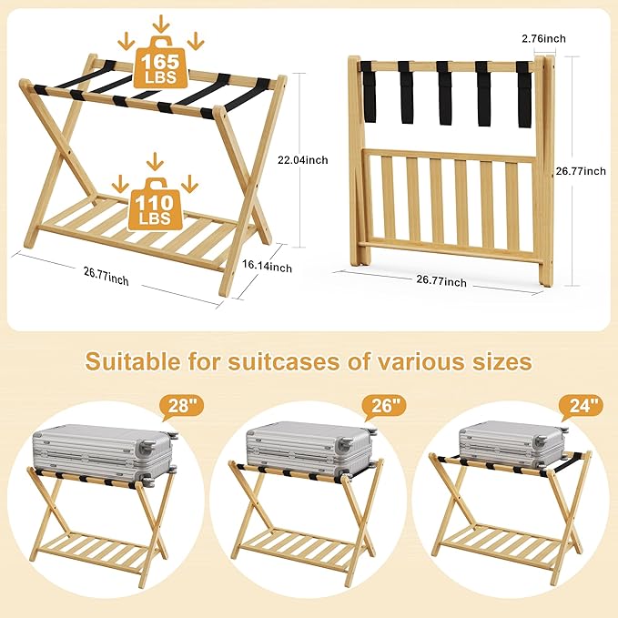 Fully Assembled 26.77" Luggage Stand, Bedroom, Hotel - Natural Bamboo Suitcase Stand, Foldable with 2 Layers - Luggage Racks for Suitcases, up to 165 lbs