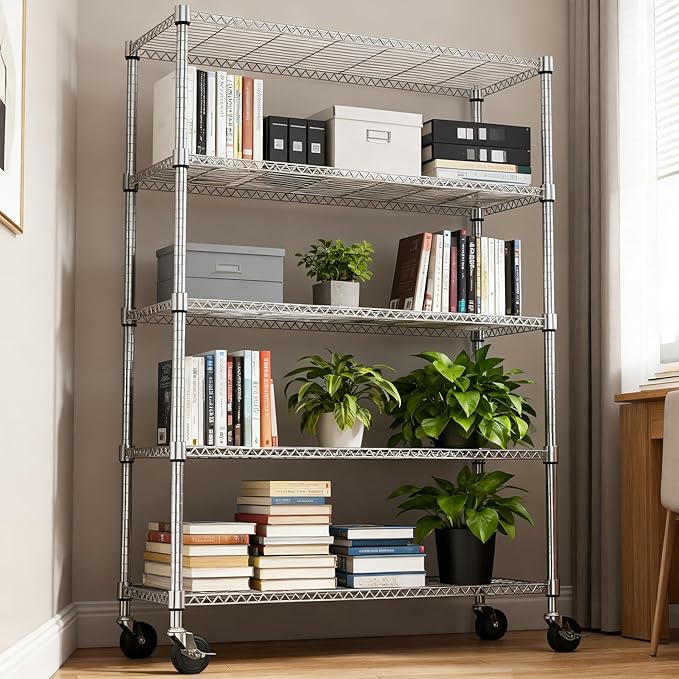 M MZG 1750LBS 47.2" W 5 Tiers Storage Shelves Metal Shelving Unit with Wheels Heavy Duty Garage Shelving Adjustable Wire Shelves for Pantry,Kitchen,Garage,Basement,Chrome 17.7" D x 47.2" W x 76.8" H