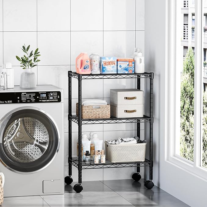 DUMOS Industrial 3 Level Grid Storage Rack ，Mobile Metallic Shelving System with Lockable Wheels， Multi-Purpose Cabinet for Workshop, Culinary Space, Storeroom, Washroom & Restroom Black