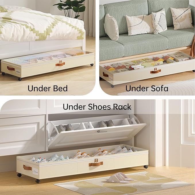 Yecaye Under Bed Storage with Wheels, 2 Pack Under Bed Storage Containers with Adjustable Dividers & Clear Window, 85L Rolling Underbed Organizer Bins Drawers for Clothes, Shoes, Blankets Toys, Beige