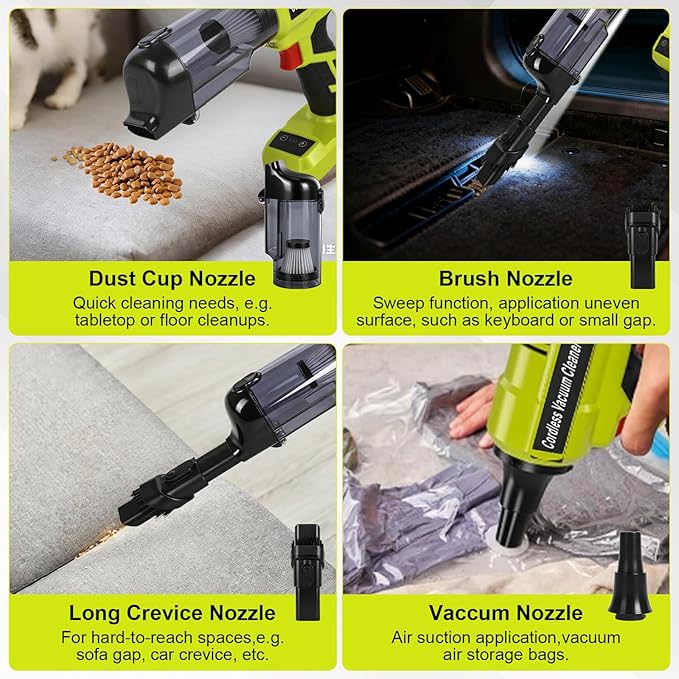 Cordless Vacuum Cleaner for Ryobi 18V Battery, 105AW Brushless Handheld Vacuum with 3-Speed Control, LED Light, 4 Nozzles & 5 Filters, Portable Vacuum for Car Floor Home (No Battery)